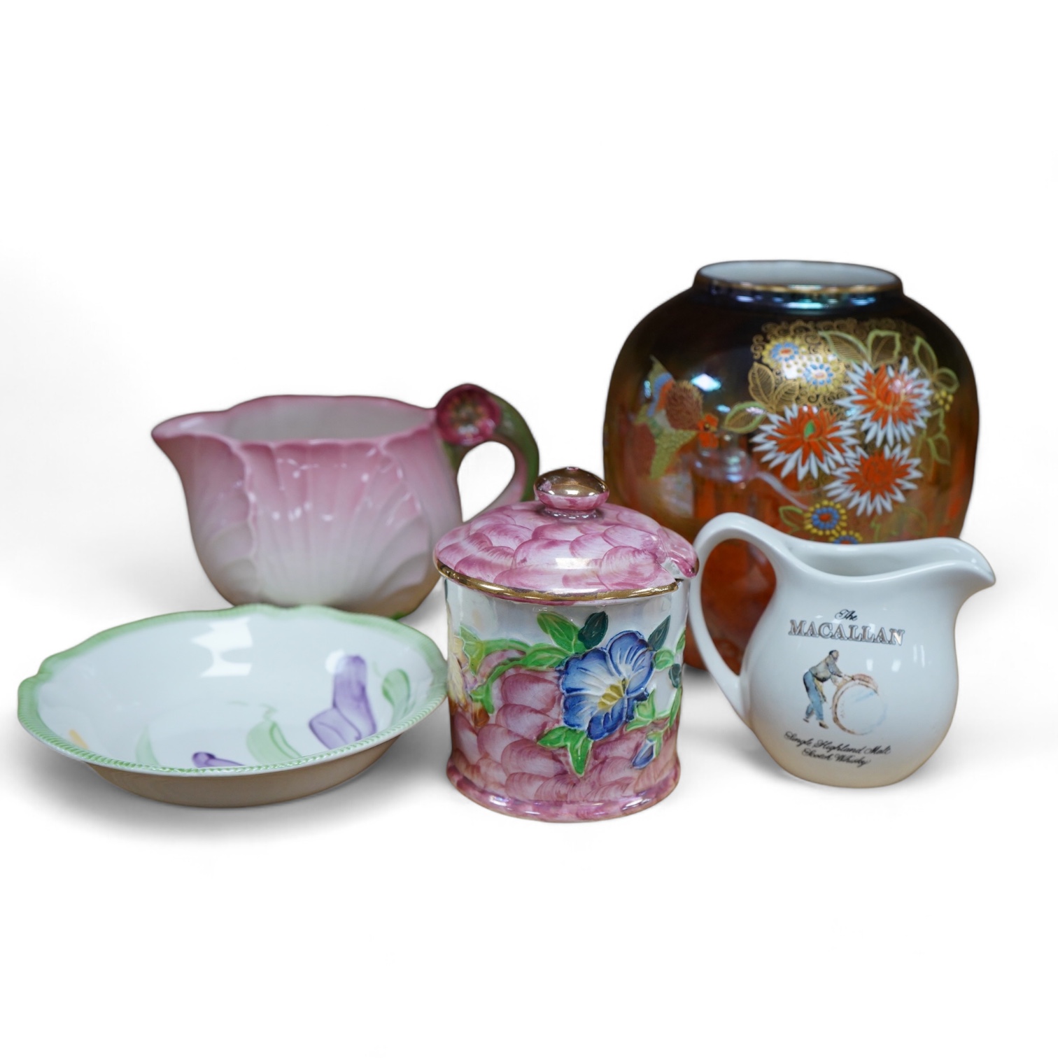 A Maling pink peony honey pot, a Carltonware lustre ‘cockerels’ vase, a similar jug, a Grays pottery dish and a Macallan whisky jug, tallest 14cm. Condition - good
